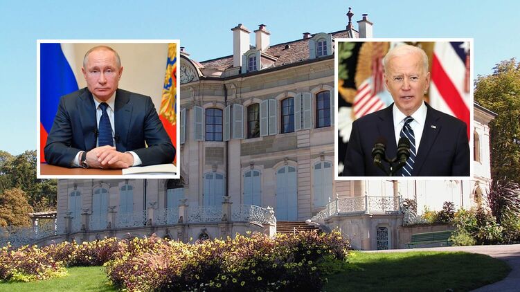 Владимир Путин, Джо Байден на фоне Villa La Grange. Коллаж