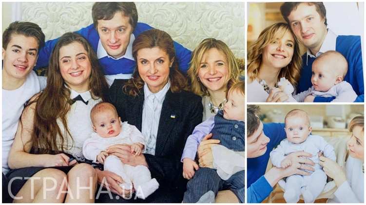 Марина Порошенко с внучкой Лизой (по центру), своими детьми (слева направо): сыновьями Мишей и Алексеем, дочкой Сашей и невесткой Юлей (справа), фото: