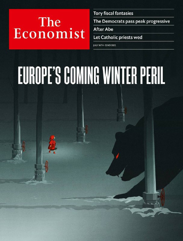 The Economist вышел с медведем на обложке, который преследует Красную шапочку по лесу из газовых труб