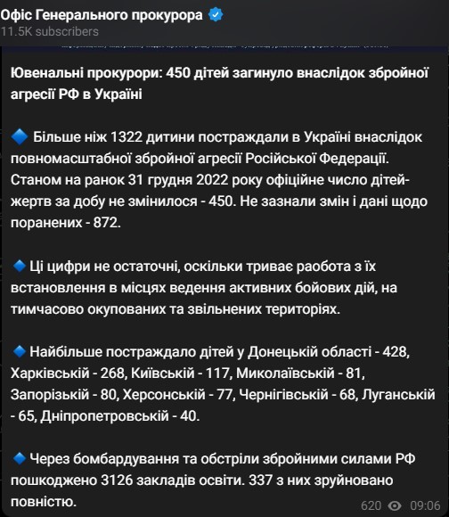 Офис генпрокурора назвал количество погибших детей