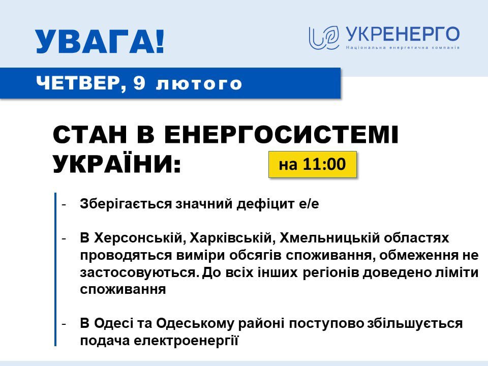 Укренерго розповіла про ситуацію зі світлом 9 лютого