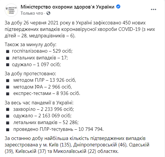 Скриншот из Фейсбука МОЗ
