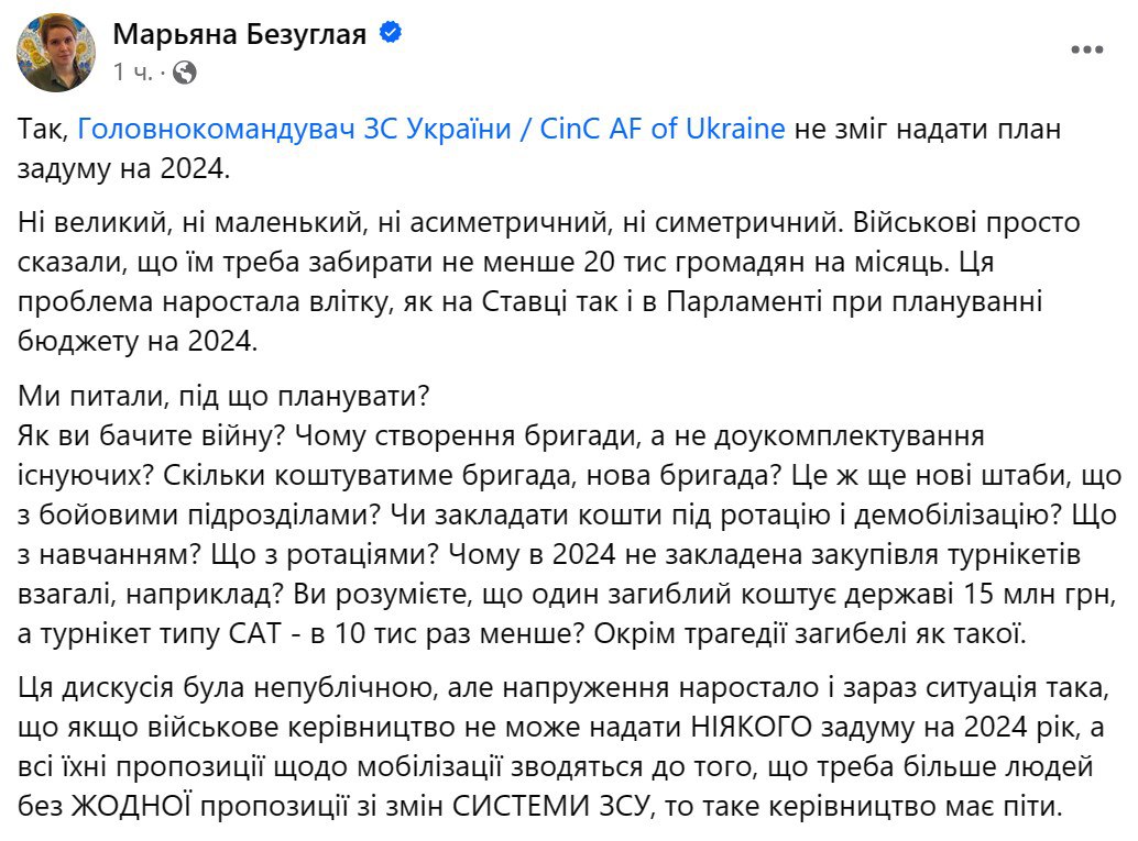 Безуглая считает, что Залужный должен уйти в отставку
