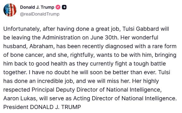 Снимок сообщения наtruthsocial.com – Трамп подтвердил уход Тулси Габбард с должности главы разведки США