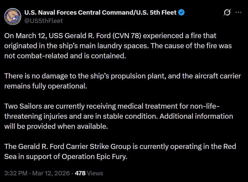 Снимок сообщения ВМС США – на борту авианосца USS Gerald R. Ford (CVN-78) произошёл пожар