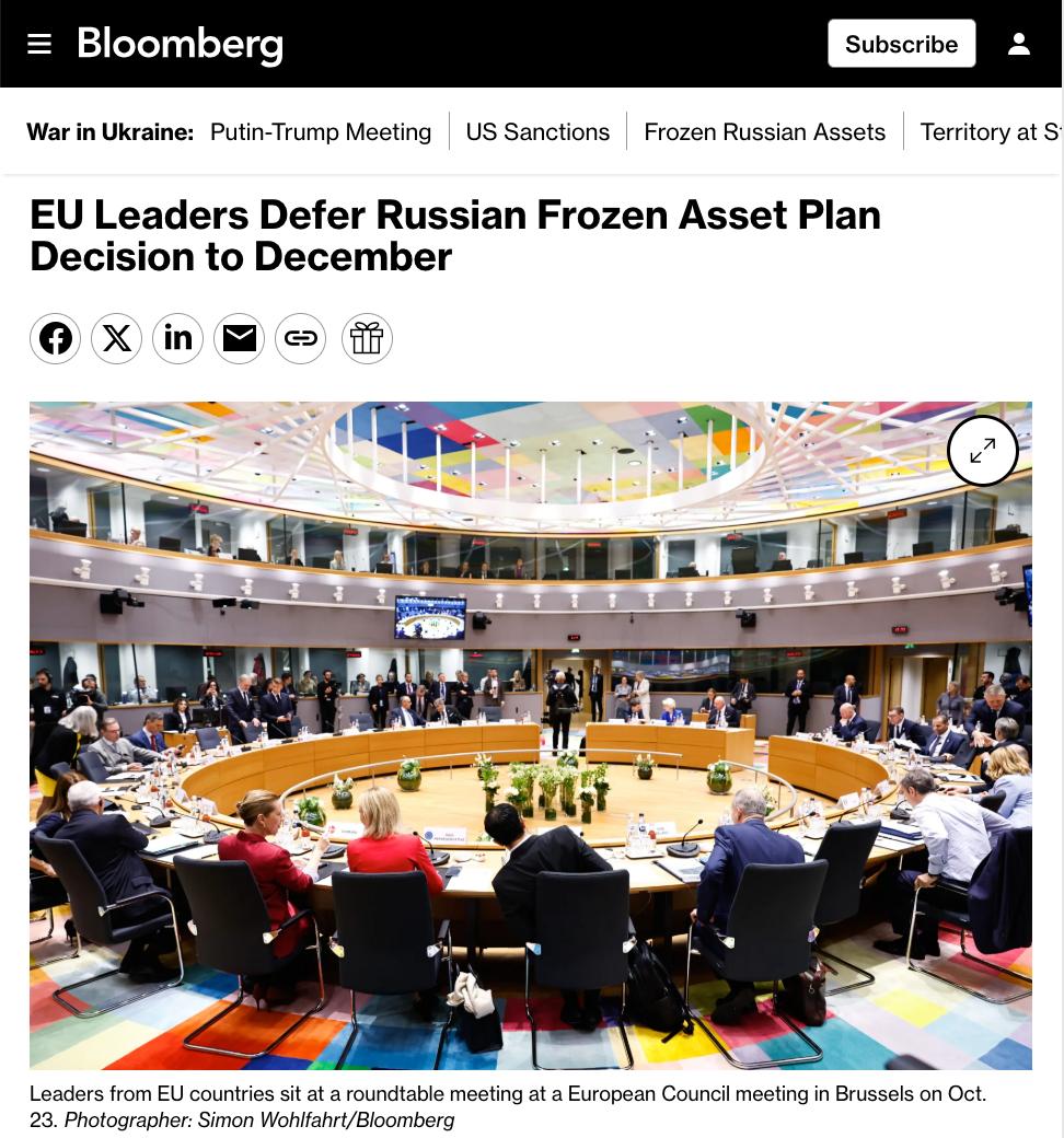 Знімок заголовка на bloomberg.com - Євросоюз відклав розгляд видачі репараційного кредиту Україні