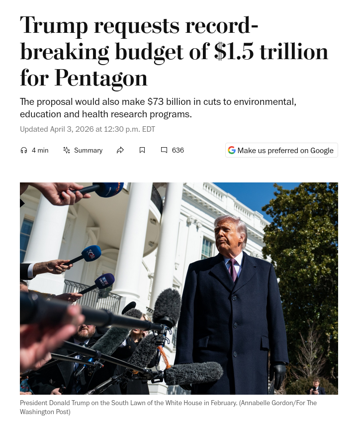 Снимок заголовка на washingtonpost.com – Трамп запросил рекордный военный бюджет для США