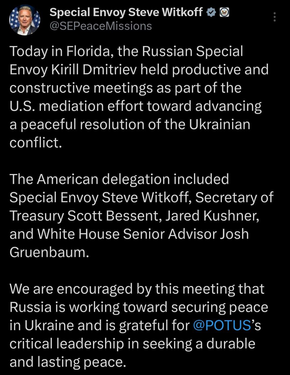 Снимок сообщения в Х - Уиткофф заявил о продуктивных и конструктивных переговорах с Кириллом Дмитриевым